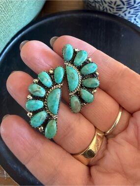 Kingman Turquoise half cluster earrings signed and stamped sterling silver